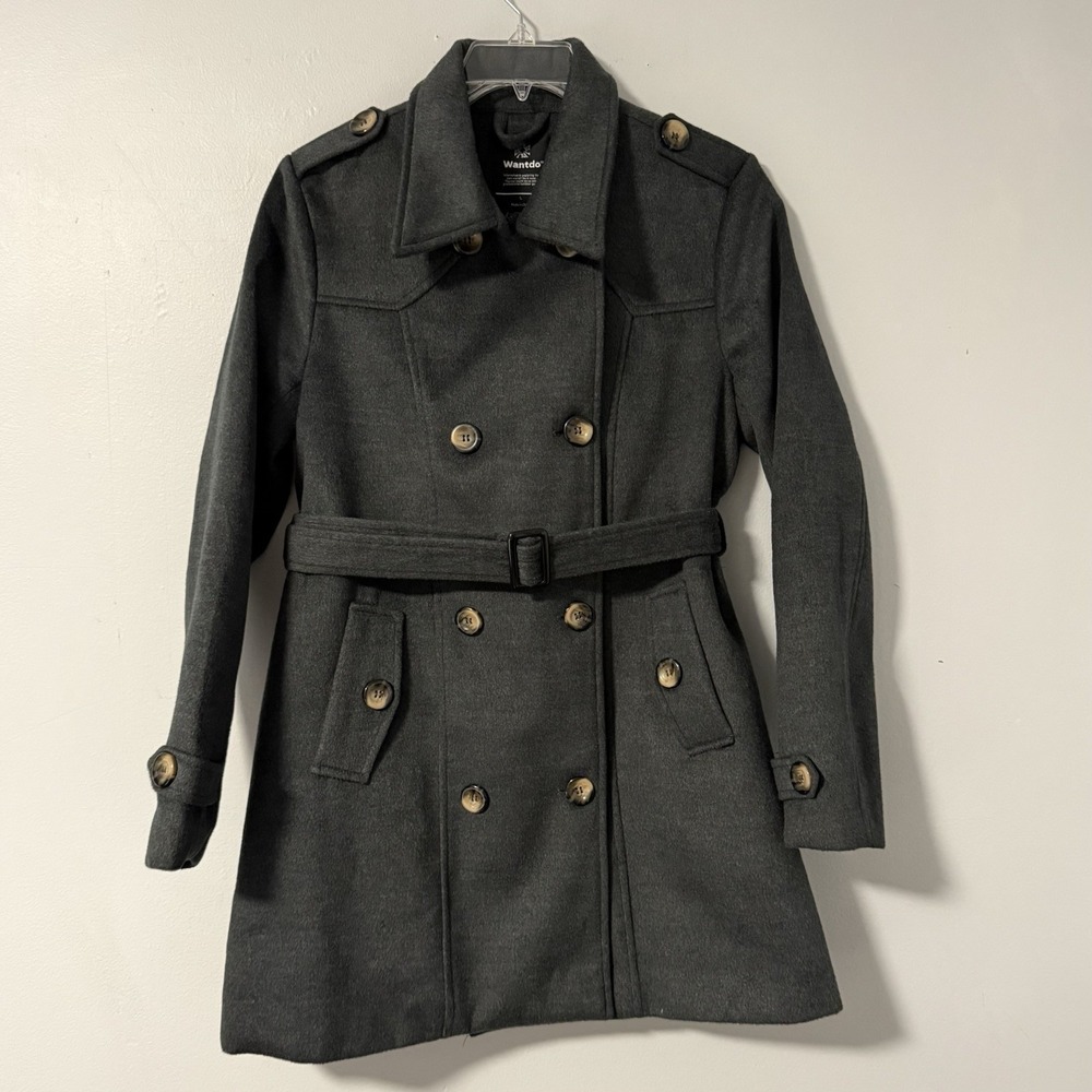 Wantdo Women's Pea Coat Trench Dark‎ Gray Double Breasted Mid Length L